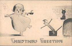 Christmas Greeting with Cartoon Figures and Jack-in-the-Box, Artist Signed Postcard
