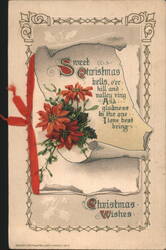 Sweet Christmas Bells and Wishes with Poinsettias and Scroll Design Postcard