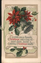 Christmas Greeting with Poinsettias, Holly, Bell & Fireside Verse Postcard