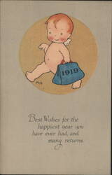 New Year 1919 Baby Cherub with Bag and Best Wishes Greeting Postcard