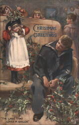 Christmas Greetings: Sailor and Girl with Holly, 'The Lass That Loves A Sailor' Postcard