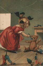 Little Girl Feeding Teddy Bear with Spoon, Toys on Floor Postcard