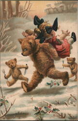 Girl Chased by Knife and Fork Wielding Teddy Bears in Snowy Woods Postcard