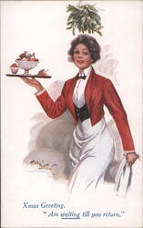 Woman in Red Jacket with Desserts & Mistletoe, "Xmas Greeting" Postcard