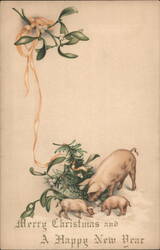 Merry Christmas and A Happy New Year with Mistletoe and Pigs Postcard