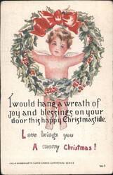 Cherubic Child in Christmas Wreath, Merry Christmas Greeting Postcard