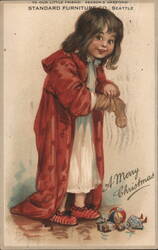 Girl in Red Coat with Doll & Toys, Standard Furniture Co. Seattle Christmas Postcard