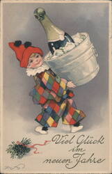 Child Harlequin with Champagne Bucket, New Year's Greeting Viel Glück im neuen Jahre Postcard