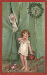 New Year's Child with Father Time, January 1, A Happy New Year Greeting Postcard