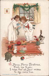 Frances Brundage Children with Christmas Toys & Garland Wishing Merry Christmas Postcard