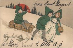 Children in Elf Costumes Sledding in Snow, Christmas Greetings by Florence Hardy Postcard
