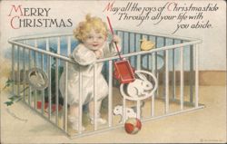 Merry Christmas Child in Playpen with Toys - Ellen H. Clapsaddle Postcard