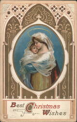 Madonna & Child with Halos, Best Christmas Wishes, Ornate Gothic Border Postcard
