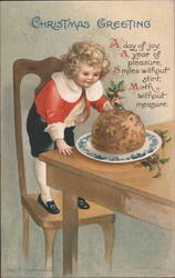 Christmas Greeting with Child Reaching for Pudding, Allen H. Copeland Art Postcard