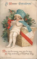 Ellen Clapsaddle Christmas Card: Child in Blue Cape with Holly & Letter Postcard