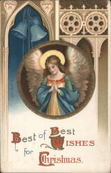 Angel with Halo and Wings, Christmas Bells, Best Wishes for Christmas Postcard