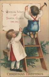 Children Nailing Santa Claus Visit Sign, Christmas Greetings by Clapsaddle Postcard