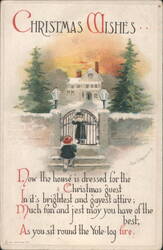 Christmas Wishes, Children at Snowy House Gate, Ellen H. Clapsaddle Art Postcard