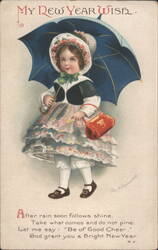 My New Year Wish, Young Girl with Blue Umbrella and Red Purse Postcard