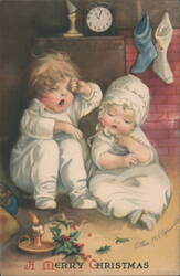 Yawning Child & Sleeping Baby in Nightgowns, A Merry Christmas Postcard