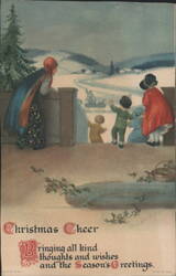 Christmas Cheer Children & Adults in Snowy Landscape with Sleigh & Holly Postcard