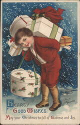 Child Carrying Christmas Presents in Snow, 'Hearty Good Wishes' by Clapsaddle Postcard