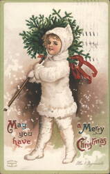 Child in Winter Outfit Carrying Christmas Wreath, Ellen H. Clapsaddle Postcard