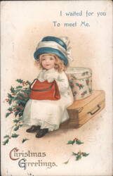 Christmas Greetings Young Girl with Red Purse & Holly, 'I waited for you Postcard