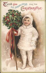 Child in White Winter Outfit Holding Holly, Christmas Greeting Postcard