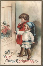 Children Looking into Toy Store Window, A Very Merry Christmas Postcard