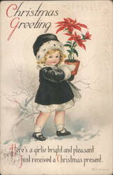 Christmas Greeting: Girl in Winter Coat with Poinsettia, Ellen Clapsaddle Art Postcard