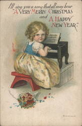 Young Girl Playing Piano with Christmas & New Year Greeting Postcard