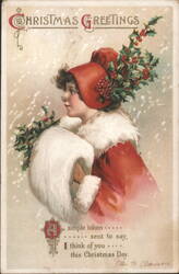 Christmas Greetings Woman in Red Hood with Holly and Snow Postcard