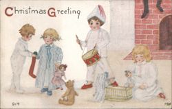 Christmas Greeting with Children in Nightclothes and Toys Postcard