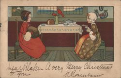 Two Girls Having Tea, Merry Christmas Greeting by M. Sowerby Postcard