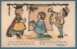 Merry Christmas Children with Candy Gift & Horn by Ethel De Wees Postcard