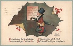 Boy in Top Hat with Umbrella & Travel Sign for Christmas Eve Journey Postcard