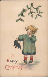 Child with Toy and Mistletoe, A Happy Christmas Greeting Postcard