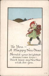 Happy New Year Greeting with Child in Snowy Landscape Postcard