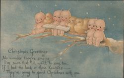 Kewpies and Birds Singing Christmas Greetings on Snowy Branch Postcard