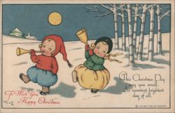 Children Playing Music in Snowy Landscape, Christmas Greeting Postcard