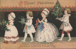Merry Christmas Children with Stockings and Tree Postcard