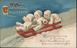 Three Children in Fur Outfits Sledding Down Snowy Hill, Merry Christmas Postcard