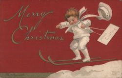 Merry Christmas Child Skiing with Xmas Greetings Card Postcard