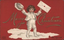 Merry Christmas Boy in White Suit with Envelope and Hat on Cloud Postcard