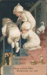 Ellen Clapsaddle Children on Stairs Christmas Wishes with White Cat and Holly Postcard