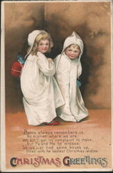Two Children in Nightgowns with Christmas Gifts, Poem Postcard