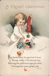 Child in Bed with Christmas Stocking and Toys by Ellen H. Clapsaddle Postcard