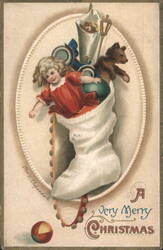 Child in Christmas Stocking with Teddy Bear and Toys Postcard
