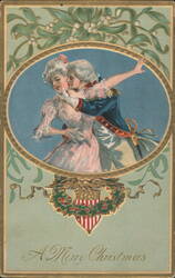 A Merry Christmas: Couple in Period Attire with Mistletoe Postcard